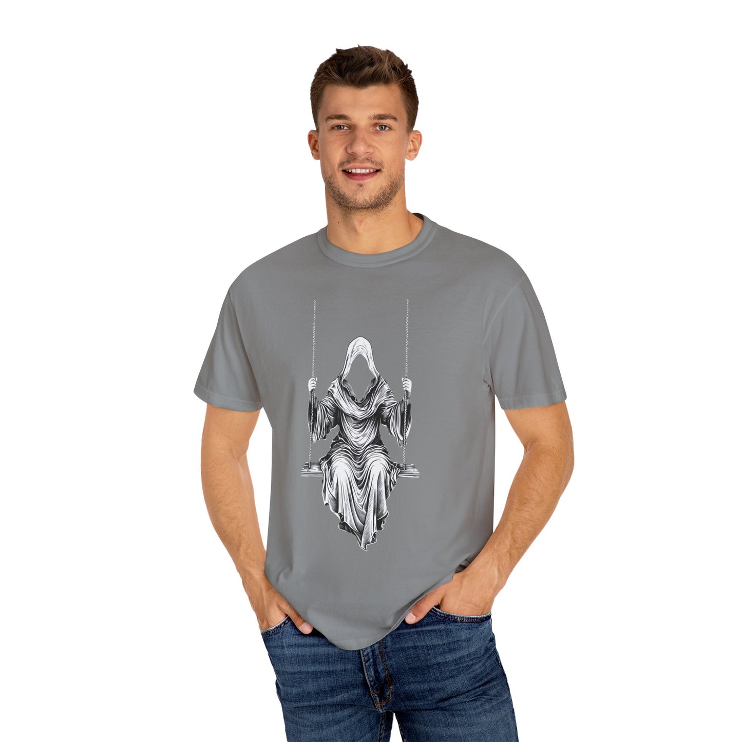 Eerie Swinging Specter T-shirt | Unisex Gothic Apparel, Halloween Costume, Spooky Gift, Unique Graphic Tee, Dark Aesthetic Fashion