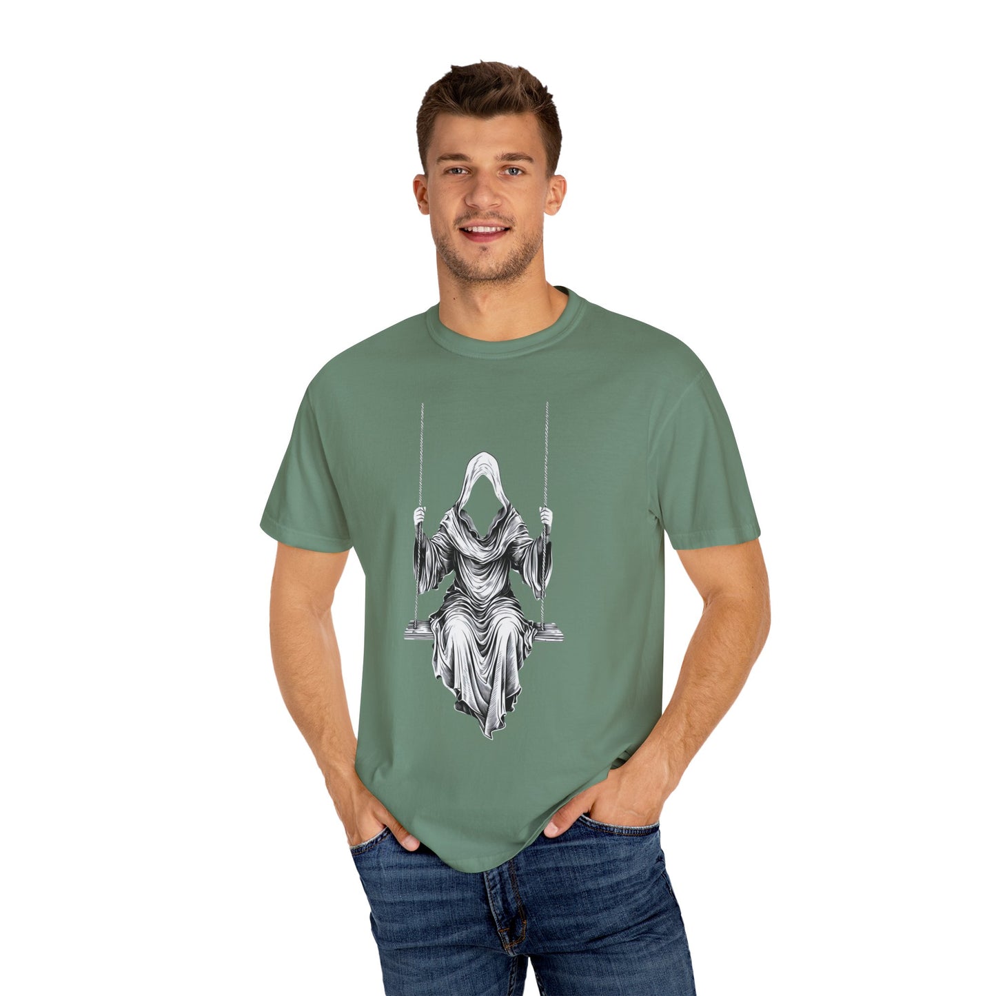 Eerie Swinging Specter T-shirt | Unisex Gothic Apparel, Halloween Costume, Spooky Gift, Unique Graphic Tee, Dark Aesthetic Fashion