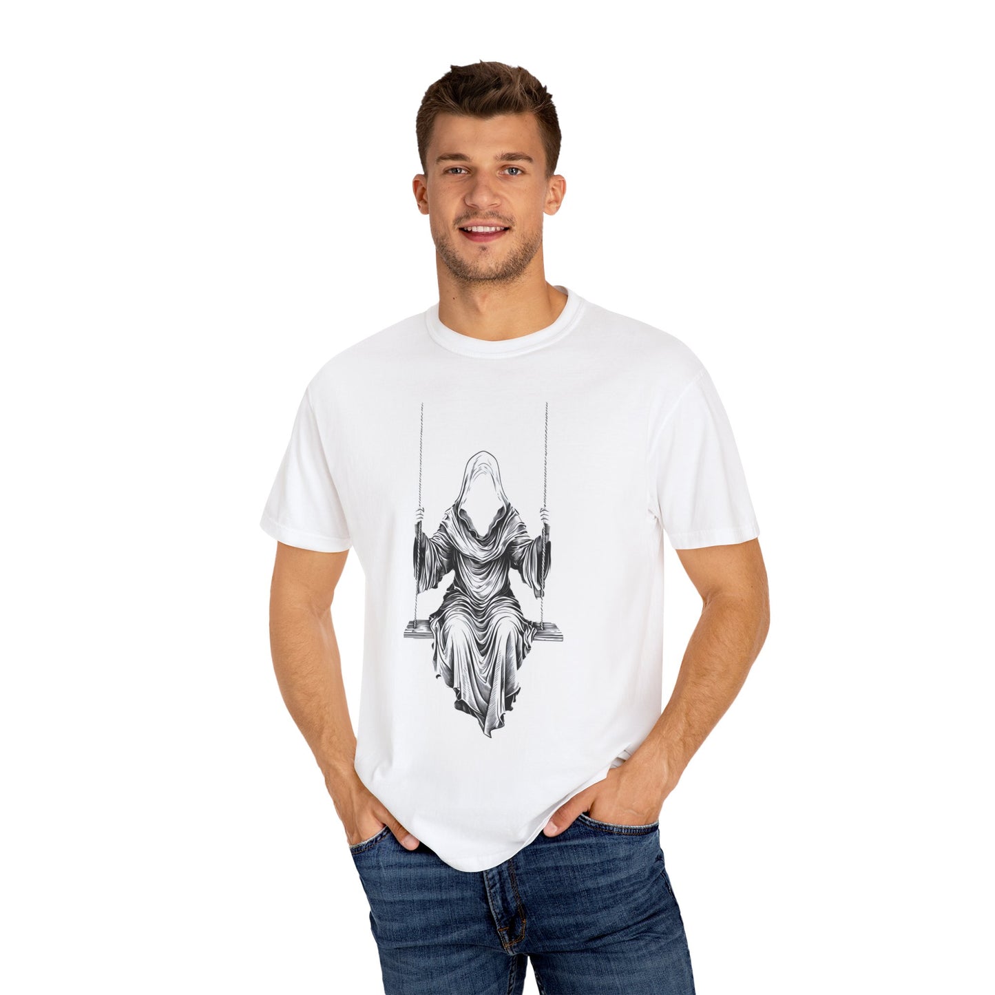 Eerie Swinging Specter T-shirt | Unisex Gothic Apparel, Halloween Costume, Spooky Gift, Unique Graphic Tee, Dark Aesthetic Fashion
