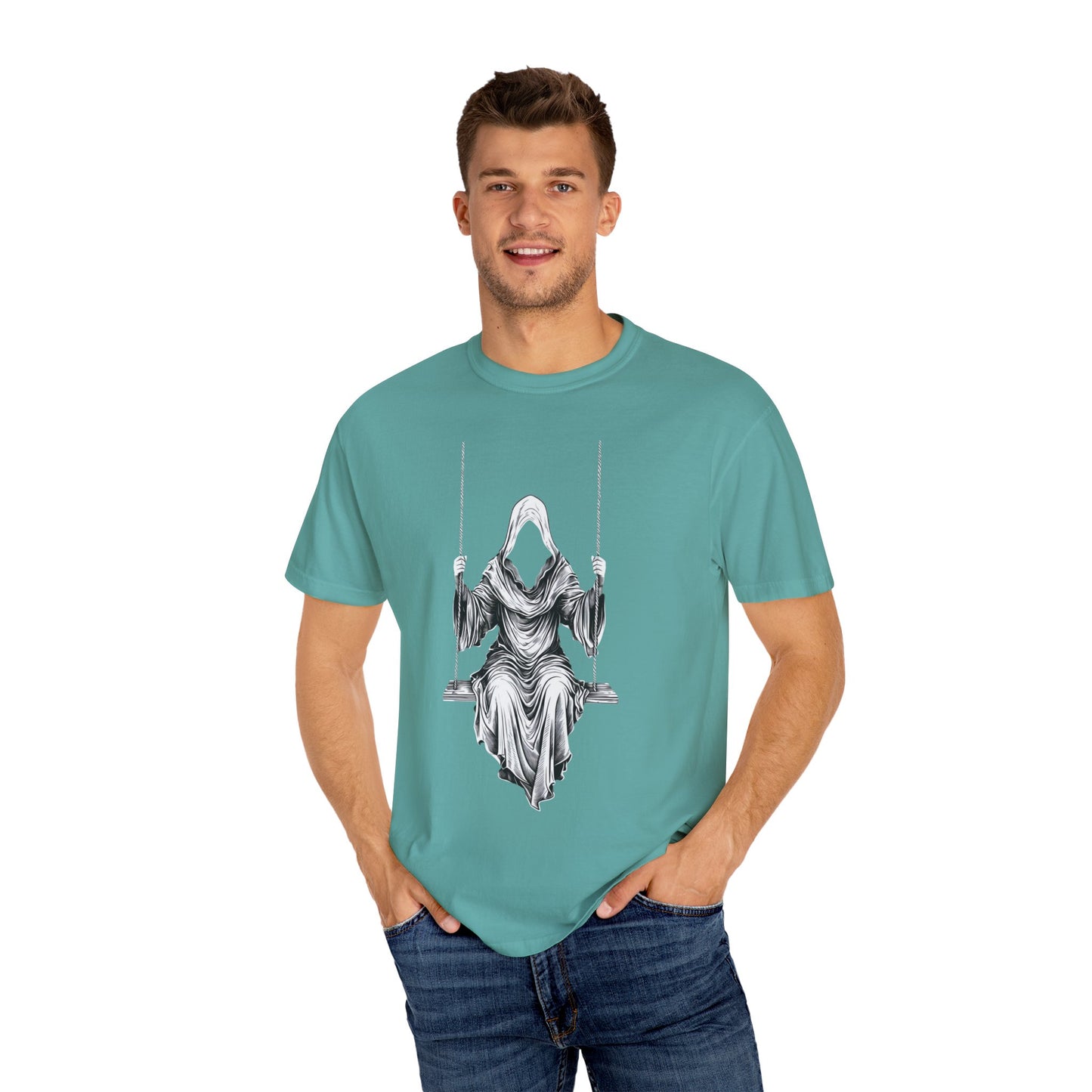 Eerie Swinging Specter T-shirt | Unisex Gothic Apparel, Halloween Costume, Spooky Gift, Unique Graphic Tee, Dark Aesthetic Fashion