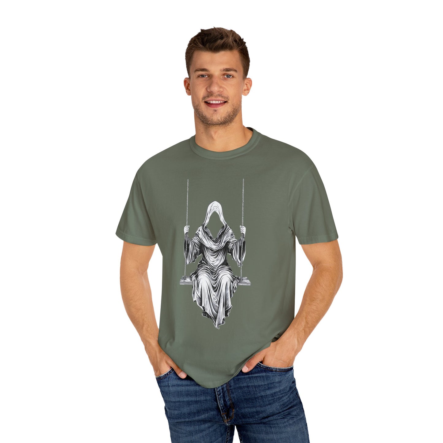 Eerie Swinging Specter T-shirt | Unisex Gothic Apparel, Halloween Costume, Spooky Gift, Unique Graphic Tee, Dark Aesthetic Fashion
