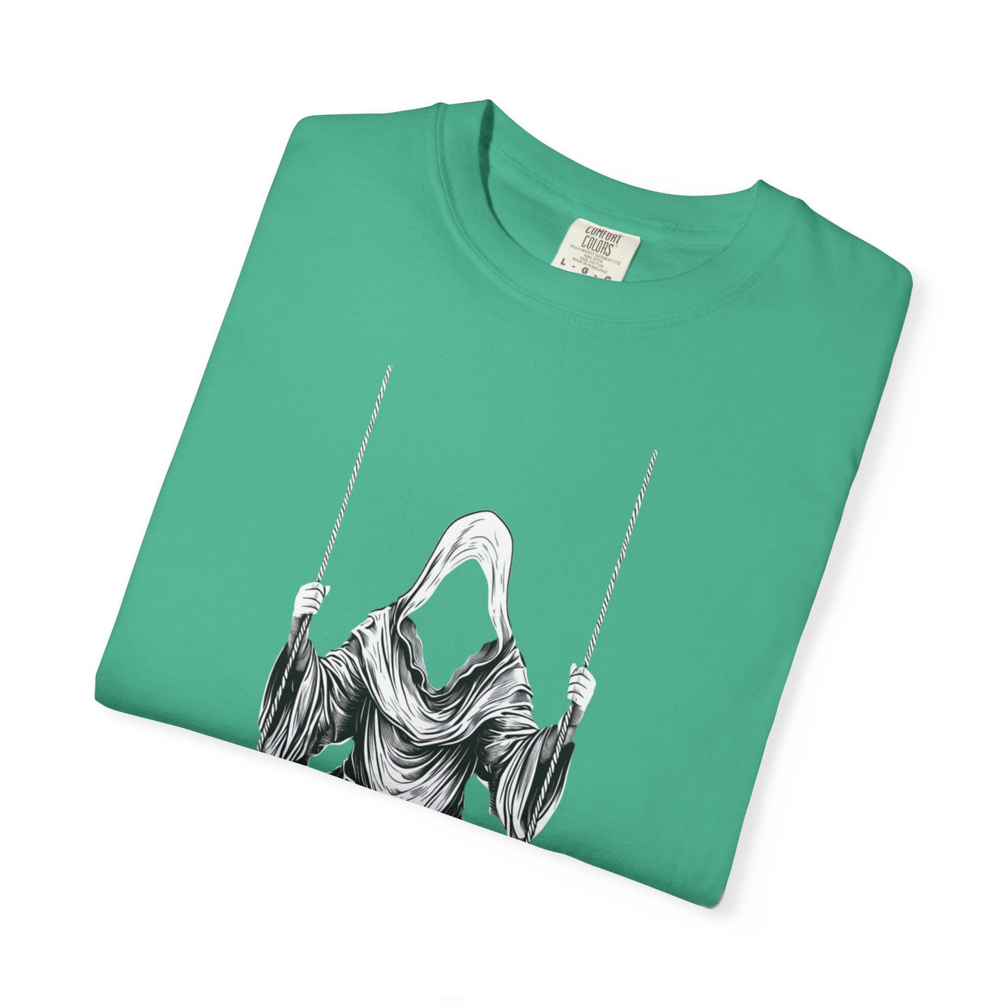 Eerie Swinging Specter T-shirt | Unisex Gothic Apparel, Halloween Costume, Spooky Gift, Unique Graphic Tee, Dark Aesthetic Fashion