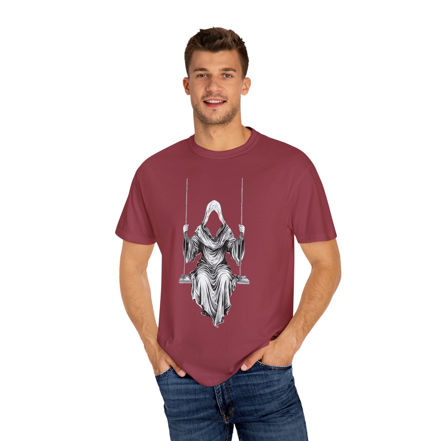 Eerie Swinging Specter T-shirt | Unisex Gothic Apparel, Halloween Costume, Spooky Gift, Unique Graphic Tee, Dark Aesthetic Fashion