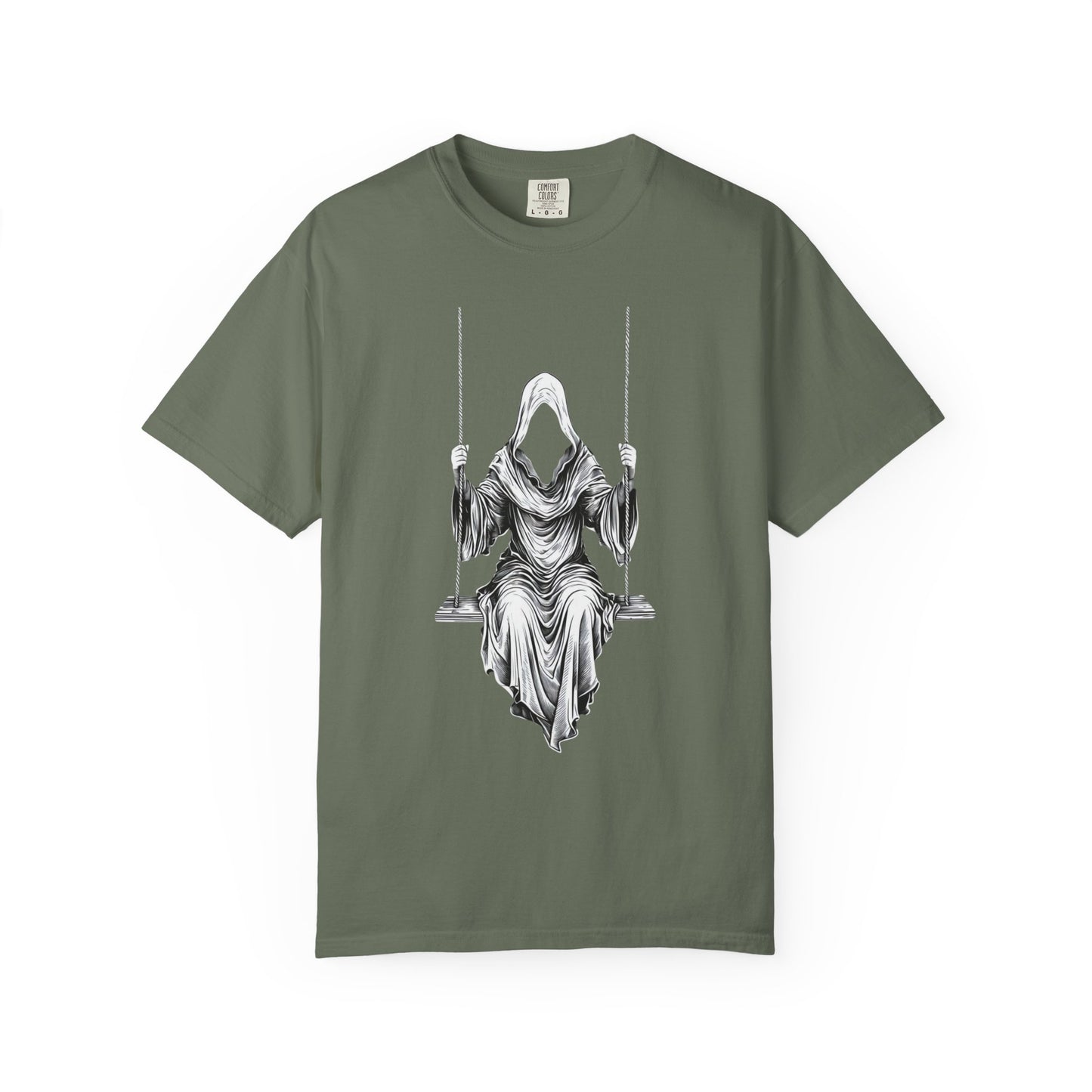 Eerie Swinging Specter T-shirt | Unisex Gothic Apparel, Halloween Costume, Spooky Gift, Unique Graphic Tee, Dark Aesthetic Fashion