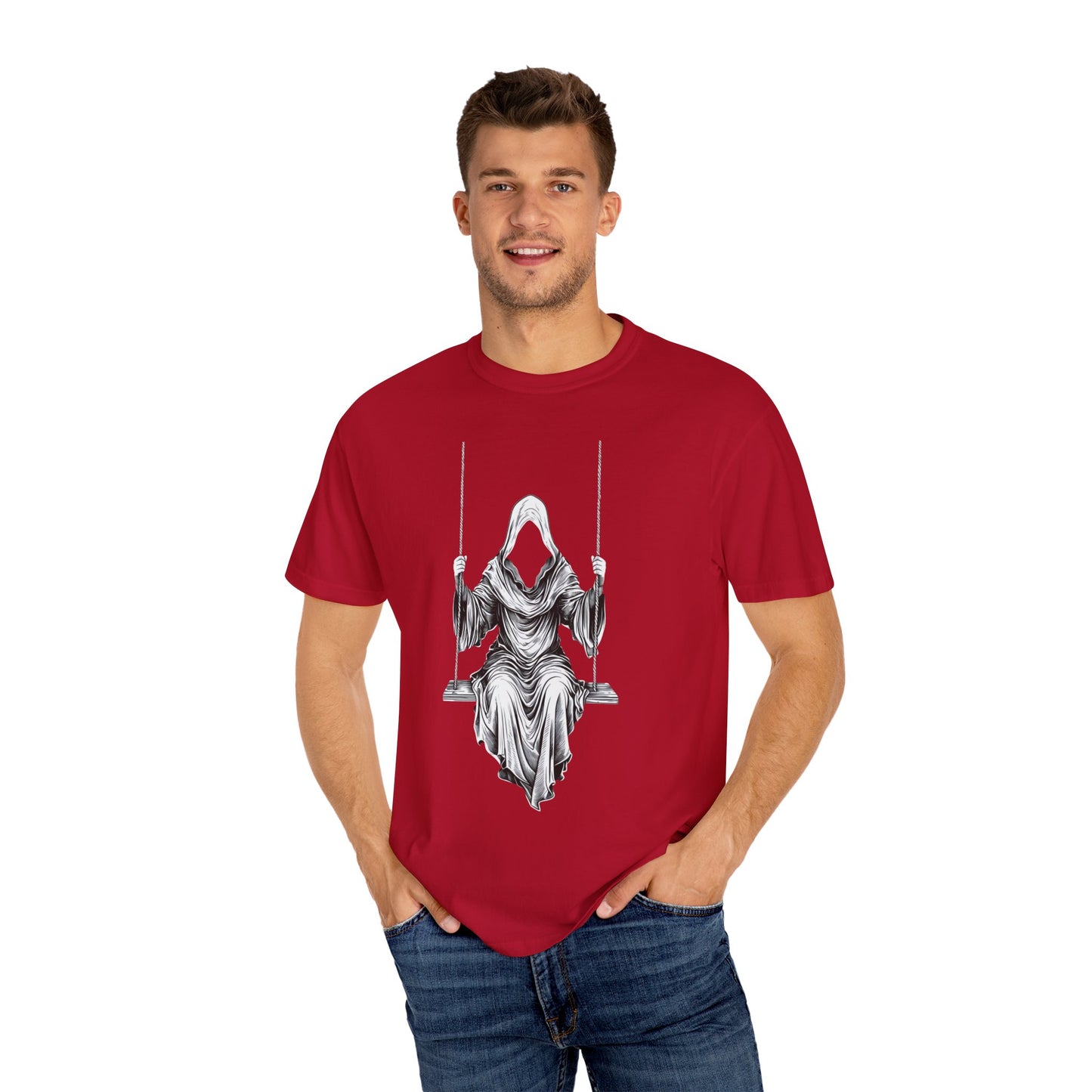 Eerie Swinging Specter T-shirt | Unisex Gothic Apparel, Halloween Costume, Spooky Gift, Unique Graphic Tee, Dark Aesthetic Fashion