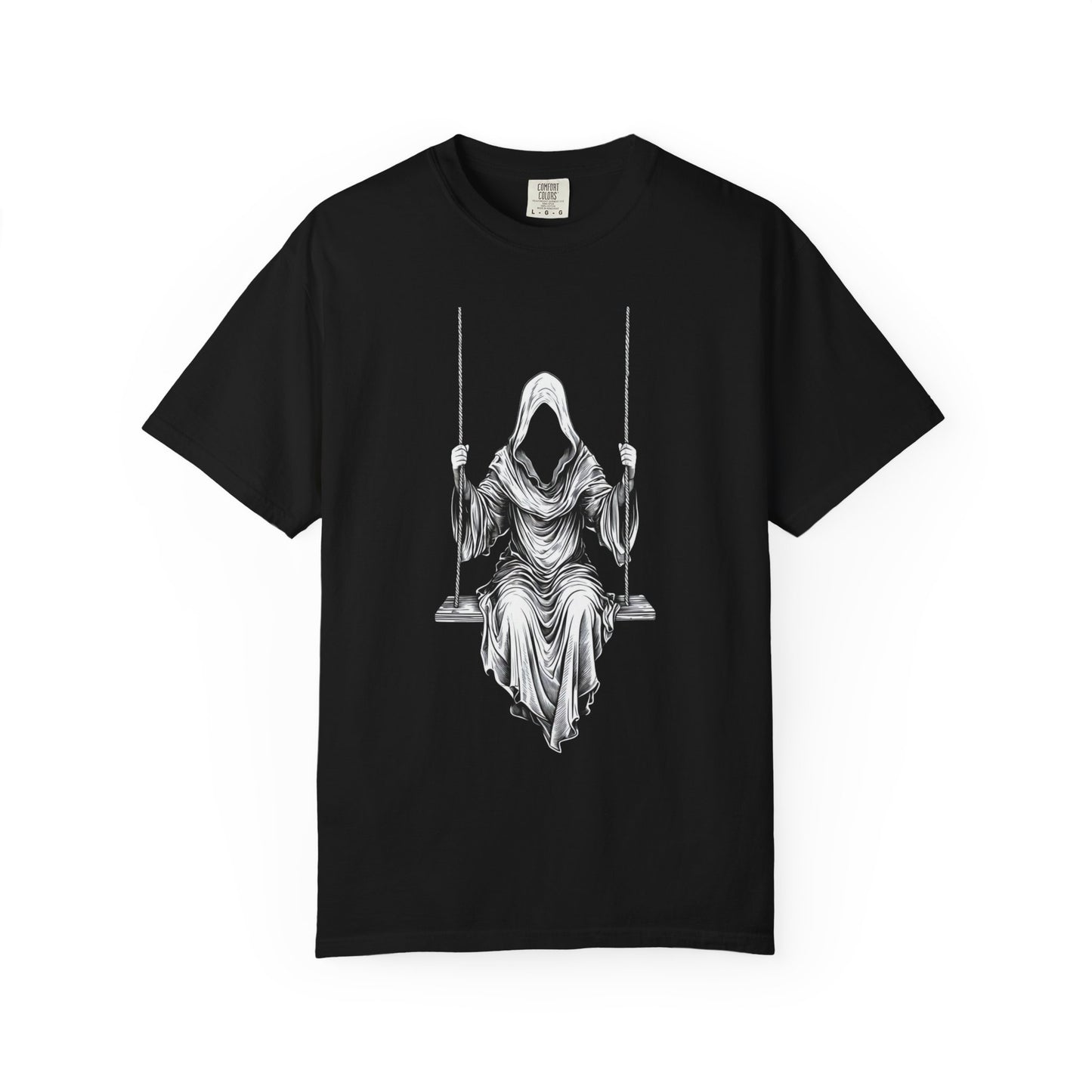 Eerie Swinging Specter T-shirt | Unisex Gothic Apparel, Halloween Costume, Spooky Gift, Unique Graphic Tee, Dark Aesthetic Fashion