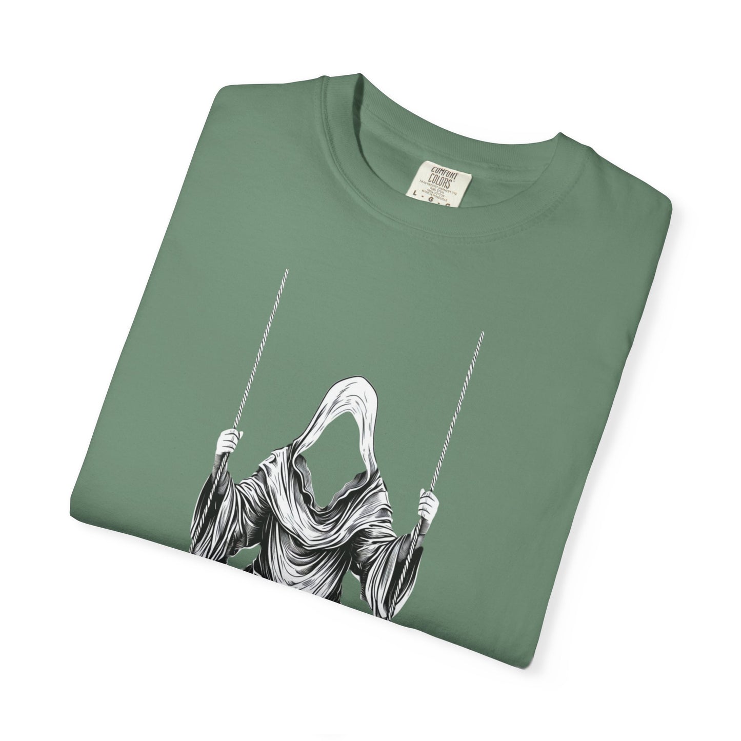Eerie Swinging Specter T-shirt | Unisex Gothic Apparel, Halloween Costume, Spooky Gift, Unique Graphic Tee, Dark Aesthetic Fashion