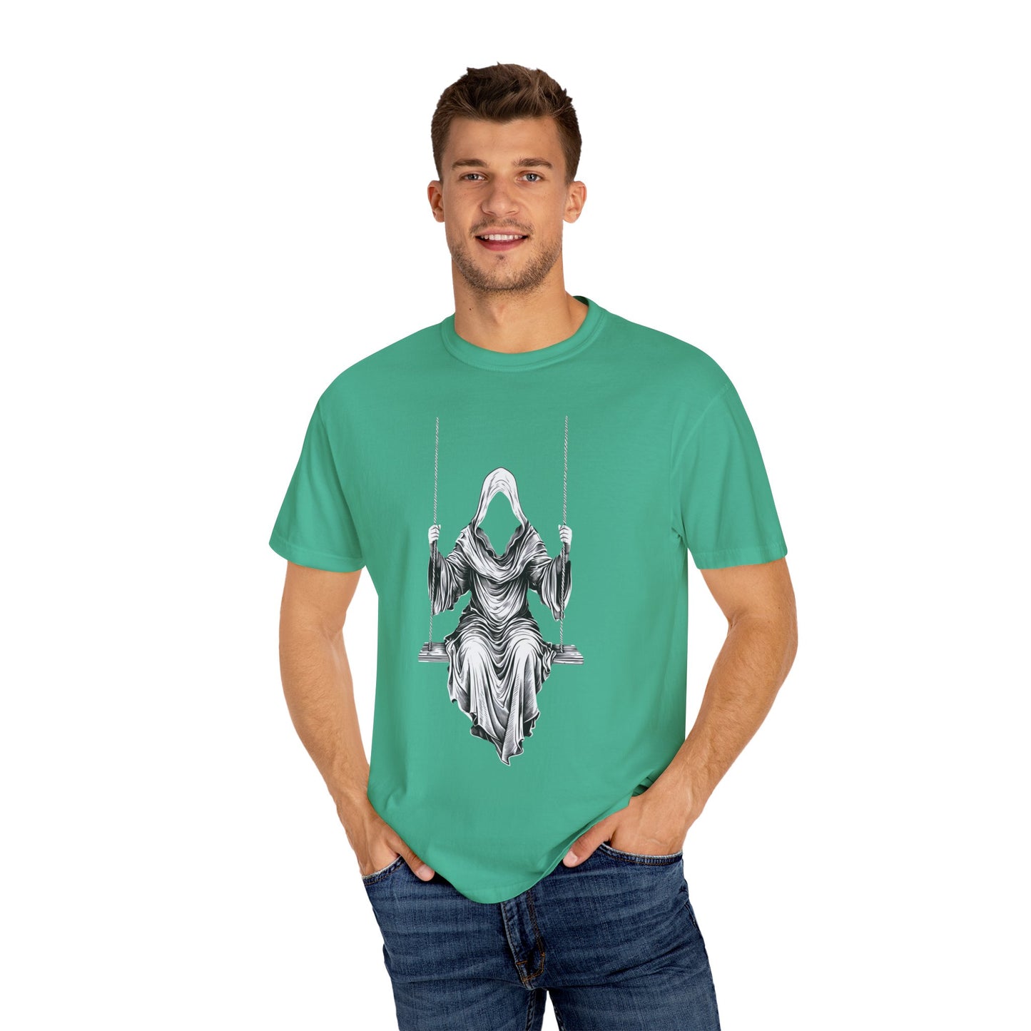 Eerie Swinging Specter T-shirt | Unisex Gothic Apparel, Halloween Costume, Spooky Gift, Unique Graphic Tee, Dark Aesthetic Fashion