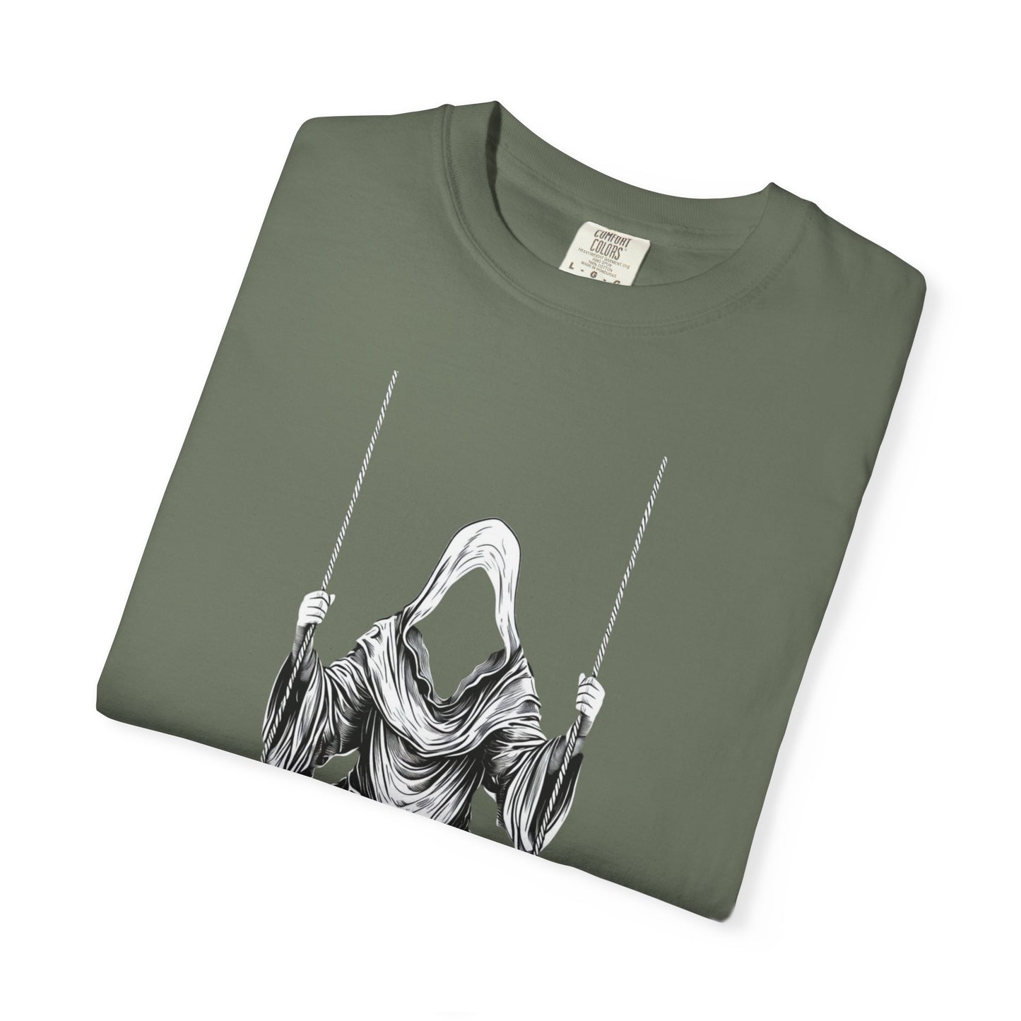Eerie Swinging Specter T-shirt | Unisex Gothic Apparel, Halloween Costume, Spooky Gift, Unique Graphic Tee, Dark Aesthetic Fashion