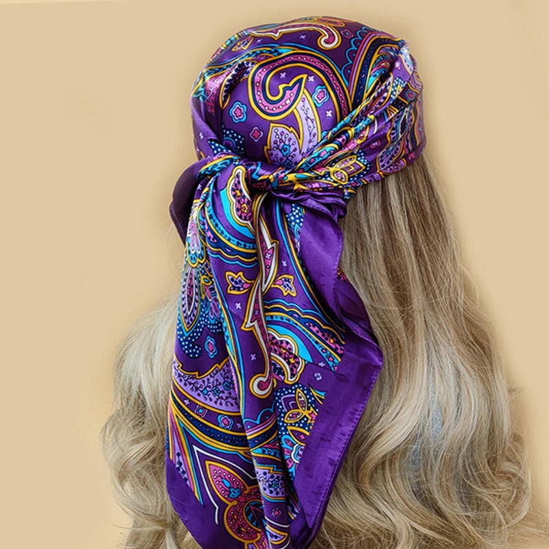 New 90*90cm Retro Brand Women Silk Scarf Bandanna Fashion Bohemian Pattern Square Hijab Lady Wrap Headband foulard muffler