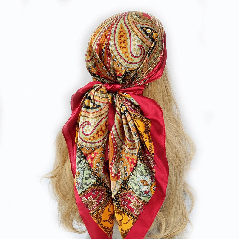 New 90*90cm Retro Brand Women Silk Scarf Bandanna Fashion Bohemian Pattern Square Hijab Lady Wrap Headband foulard muffler