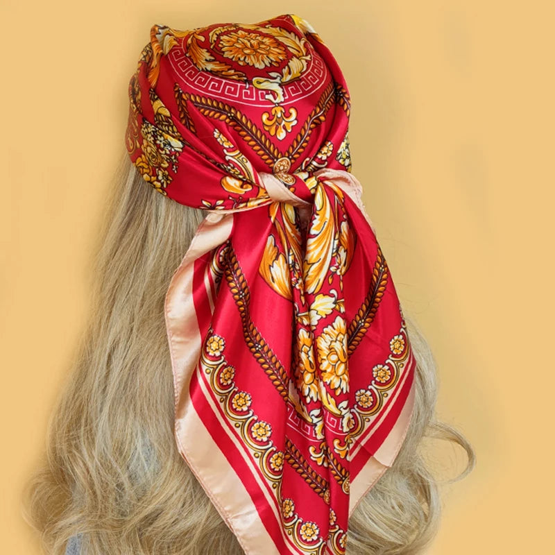 New 90*90cm Retro Brand Women Silk Scarf Bandanna Fashion Bohemian Pattern Square Hijab Lady Wrap Headband foulard muffler