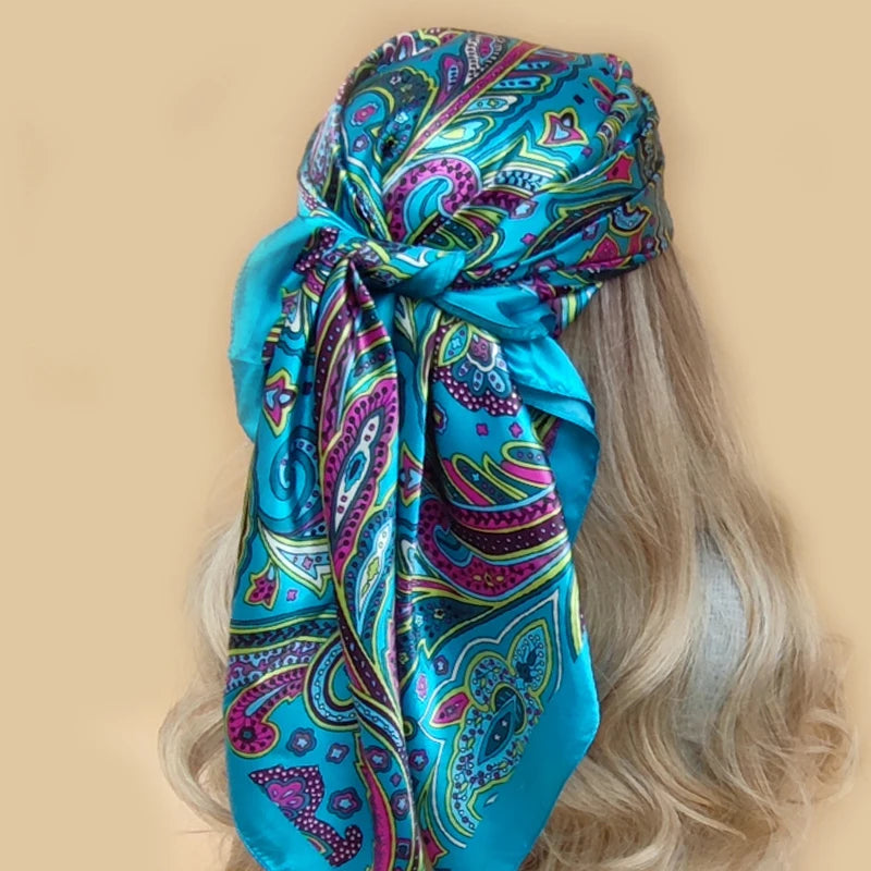 New 90*90cm Retro Brand Women Silk Scarf Bandanna Fashion Bohemian Pattern Square Hijab Lady Wrap Headband foulard muffler