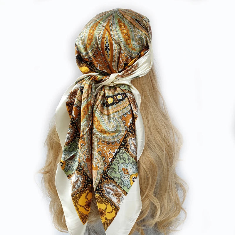 New 90*90cm Retro Brand Women Silk Scarf Bandanna Fashion Bohemian Pattern Square Hijab Lady Wrap Headband foulard muffler