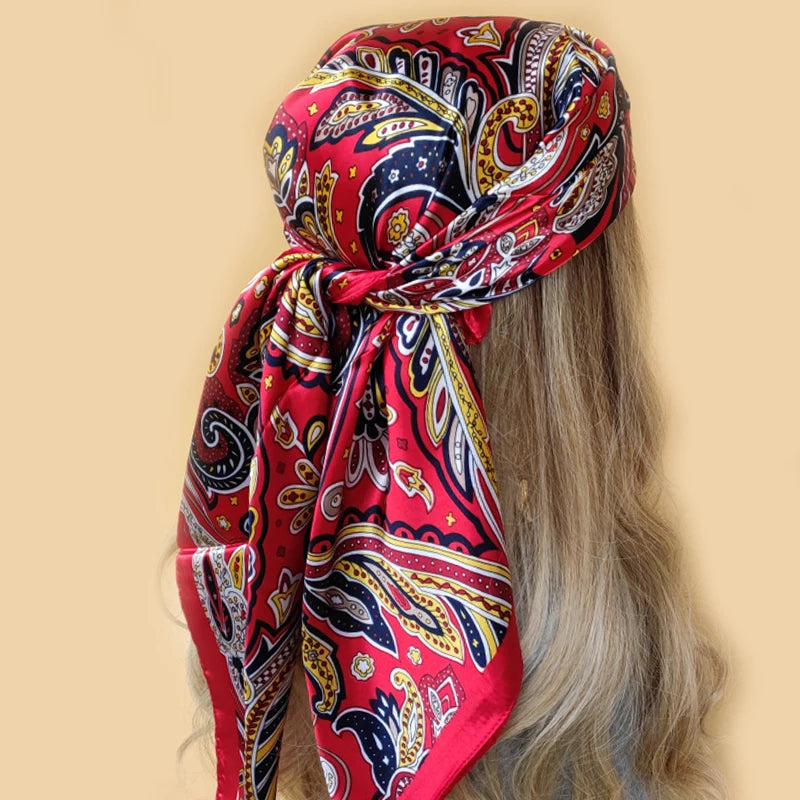 New 90*90cm Retro Brand Women Silk Scarf Bandanna Fashion Bohemian Pattern Square Hijab Lady Wrap Headband foulard muffler