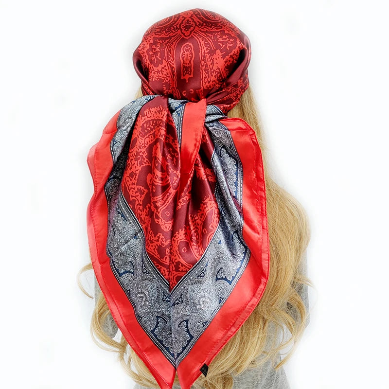 New 90*90cm Retro Brand Women Silk Scarf Bandanna Fashion Bohemian Pattern Square Hijab Lady Wrap Headband foulard muffler