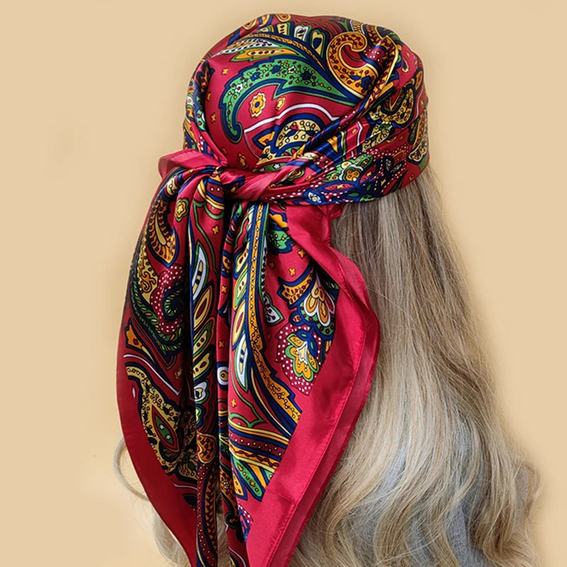 New 90*90cm Retro Brand Women Silk Scarf Bandanna Fashion Bohemian Pattern Square Hijab Lady Wrap Headband foulard muffler