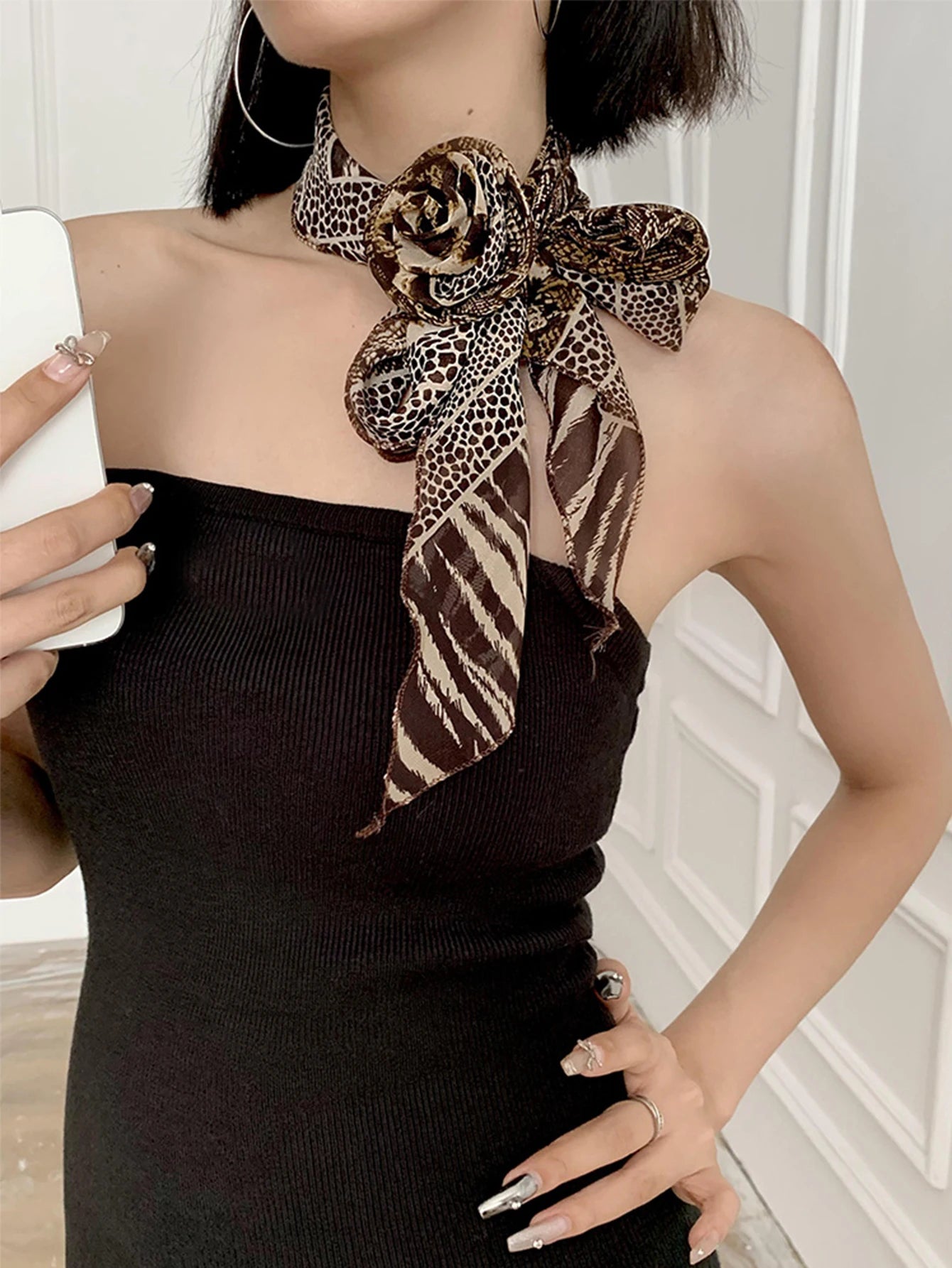 Three Dimensional Rose Chiffon Silk Scarf With Leopard Print Women's Scarf y2k Scarf Retro Angled Scarf Tied Headband