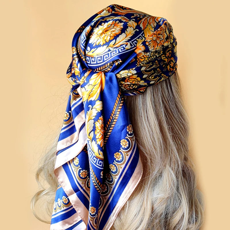 New 90*90cm Retro Brand Women Silk Scarf Bandanna Fashion Bohemian Pattern Square Hijab Lady Wrap Headband foulard muffler