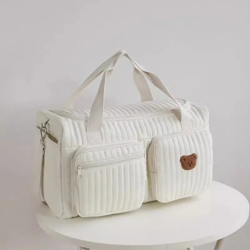 Baby Diaper Bag Cute Bear Flower Embroidery Pattern Mommy Bag Baby Beige Cotton Fabric Zipper Diaper Handbag New Luggage Bag