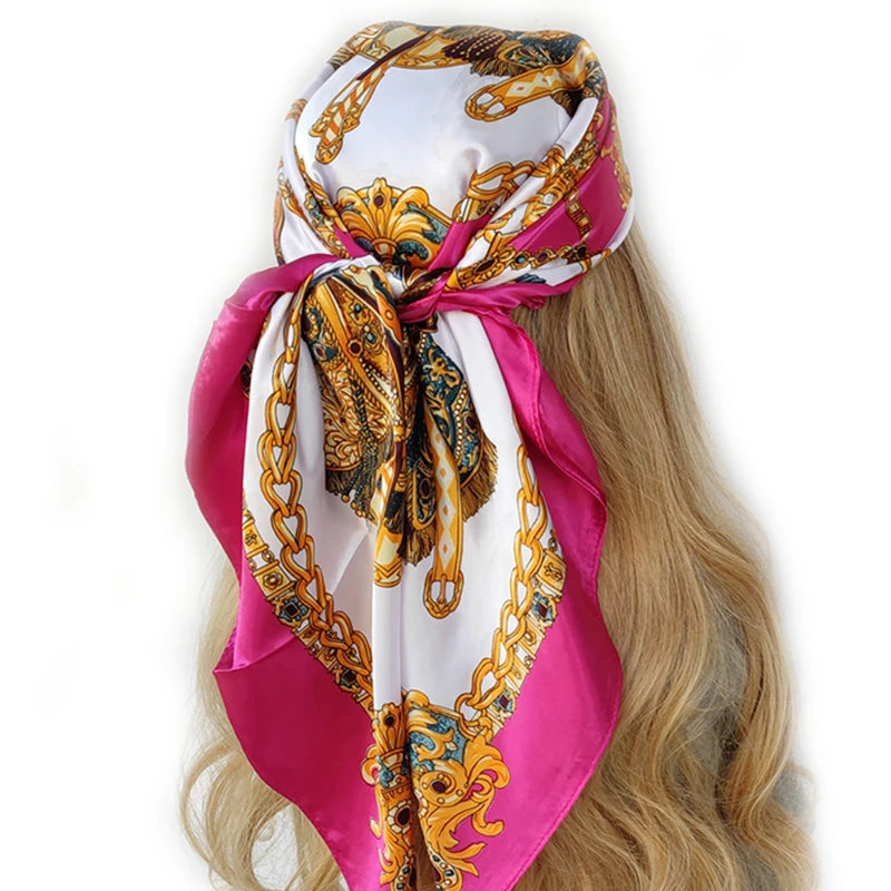 New 90*90cm Retro Brand Women Silk Scarf Bandanna Fashion Bohemian Pattern Square Hijab Lady Wrap Headband foulard muffler