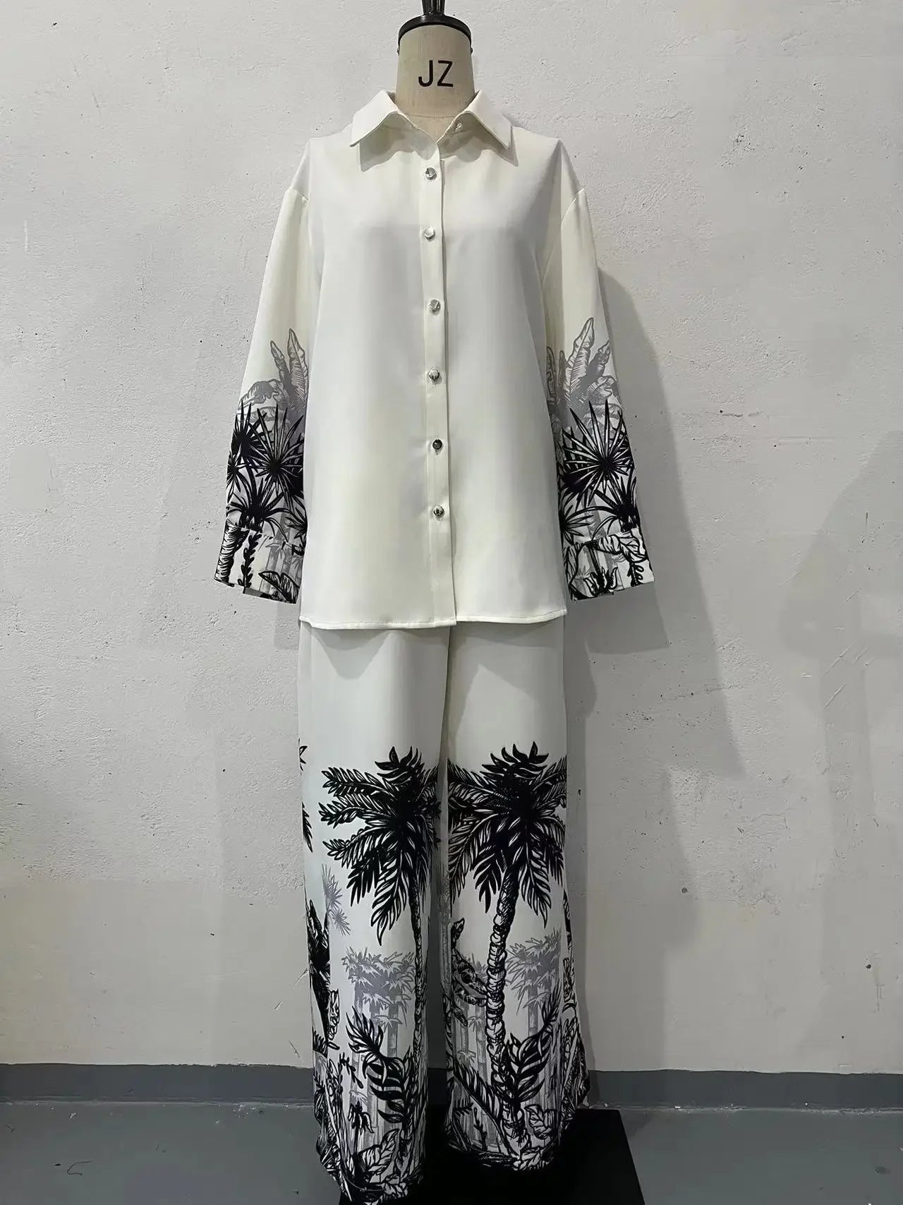 Muslim Two Piece Set Women Print Shirt Single Breasted Blouse Wide Leg Pants Suit Dubai Arabic Outfits Morocco Islam Ensemble