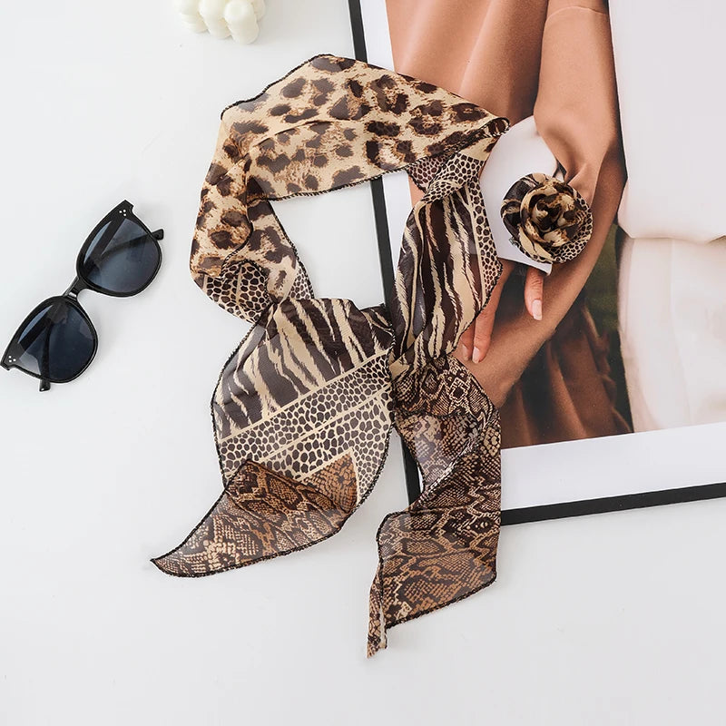 Three Dimensional Rose Chiffon Silk Scarf With Leopard Print Women's Scarf y2k Scarf Retro Angled Scarf Tied Headband