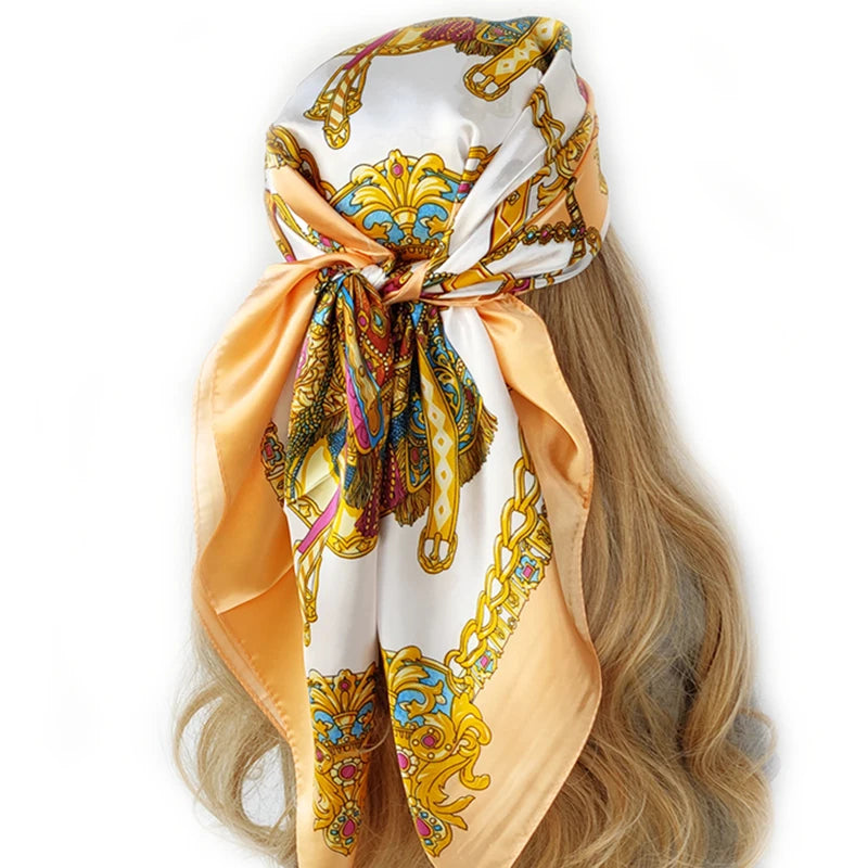 New 90*90cm Retro Brand Women Silk Scarf Bandanna Fashion Bohemian Pattern Square Hijab Lady Wrap Headband foulard muffler