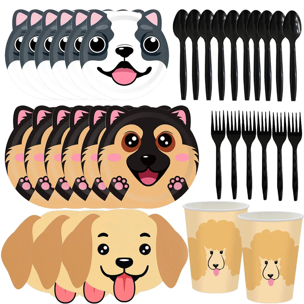 Cartoon Dog Birthday Party Decoration Disposable Dinnerware Cup Plate Napkin Kinves for Dogs Theme Party Supplies Baby Shower