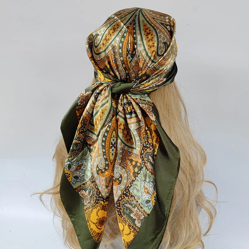New 90*90cm Retro Brand Women Silk Scarf Bandanna Fashion Bohemian Pattern Square Hijab Lady Wrap Headband foulard muffler