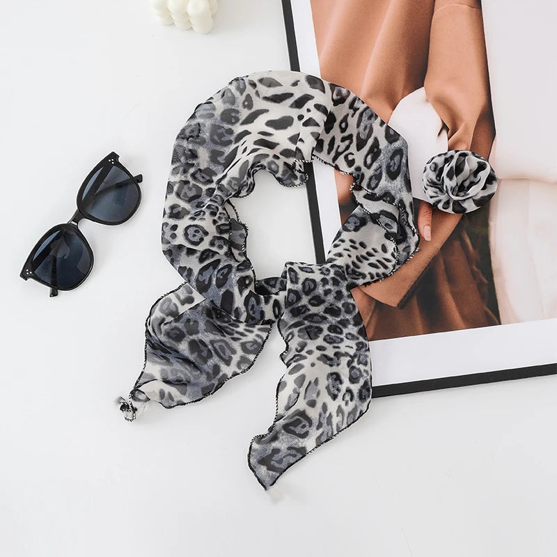Three Dimensional Rose Chiffon Silk Scarf With Leopard Print Women's Scarf y2k Scarf Retro Angled Scarf Tied Headband