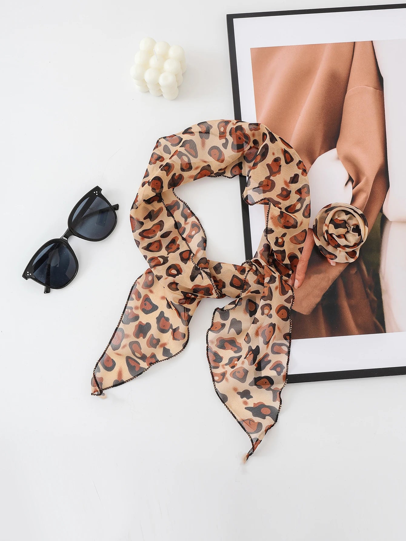 Three Dimensional Rose Chiffon Silk Scarf With Leopard Print Women's Scarf y2k Scarf Retro Angled Scarf Tied Headband