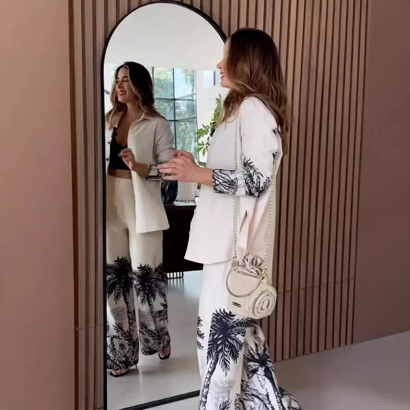 Muslim Two Piece Set Women Print Shirt Single Breasted Blouse Wide Leg Pants Suit Dubai Arabic Outfits Morocco Islam Ensemble