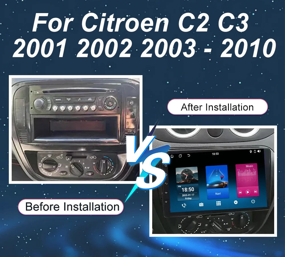 Car DVD Android 14 Radio Stereo For Citroen C2 C3 2001 2002 2003 -2010 Auto Multimedia Player 4G GPS Navigation Bluetooth WIFI