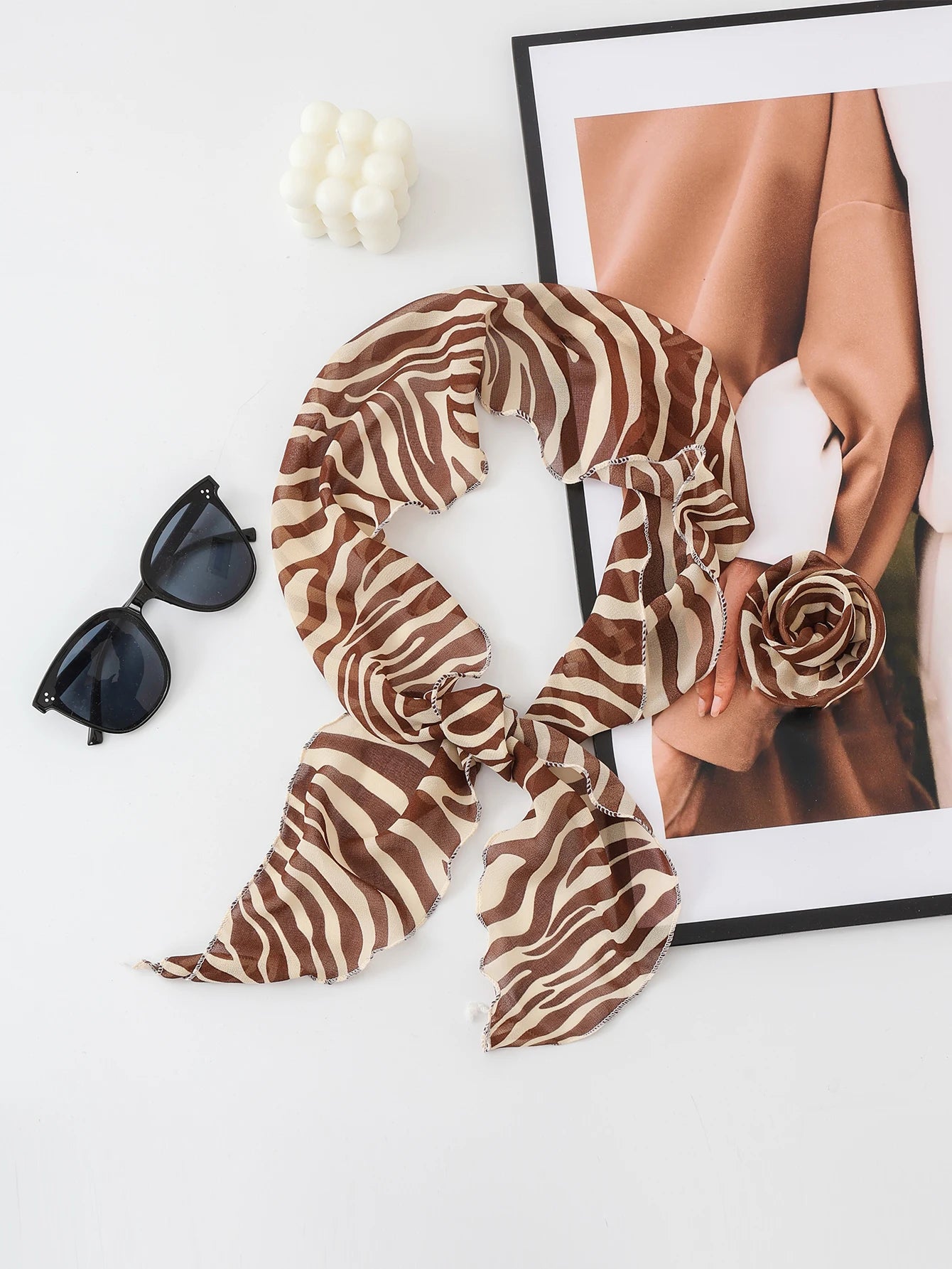 Three Dimensional Rose Chiffon Silk Scarf With Leopard Print Women's Scarf y2k Scarf Retro Angled Scarf Tied Headband