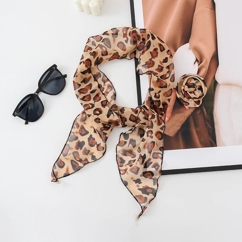Three Dimensional Rose Chiffon Silk Scarf With Leopard Print Women's Scarf y2k Scarf Retro Angled Scarf Tied Headband