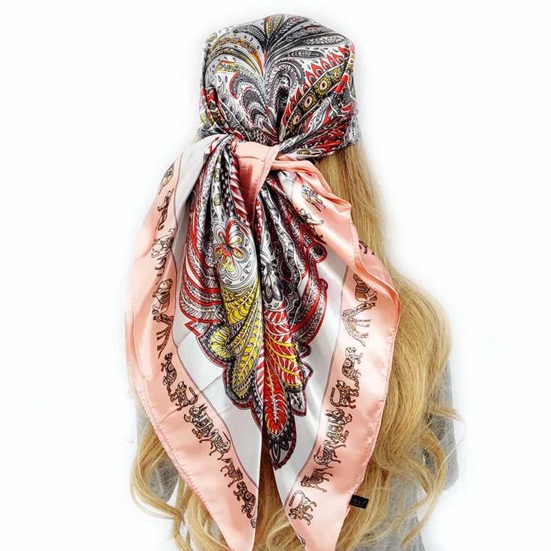 New 90*90cm Retro Brand Women Silk Scarf Bandanna Fashion Bohemian Pattern Square Hijab Lady Wrap Headband foulard muffler