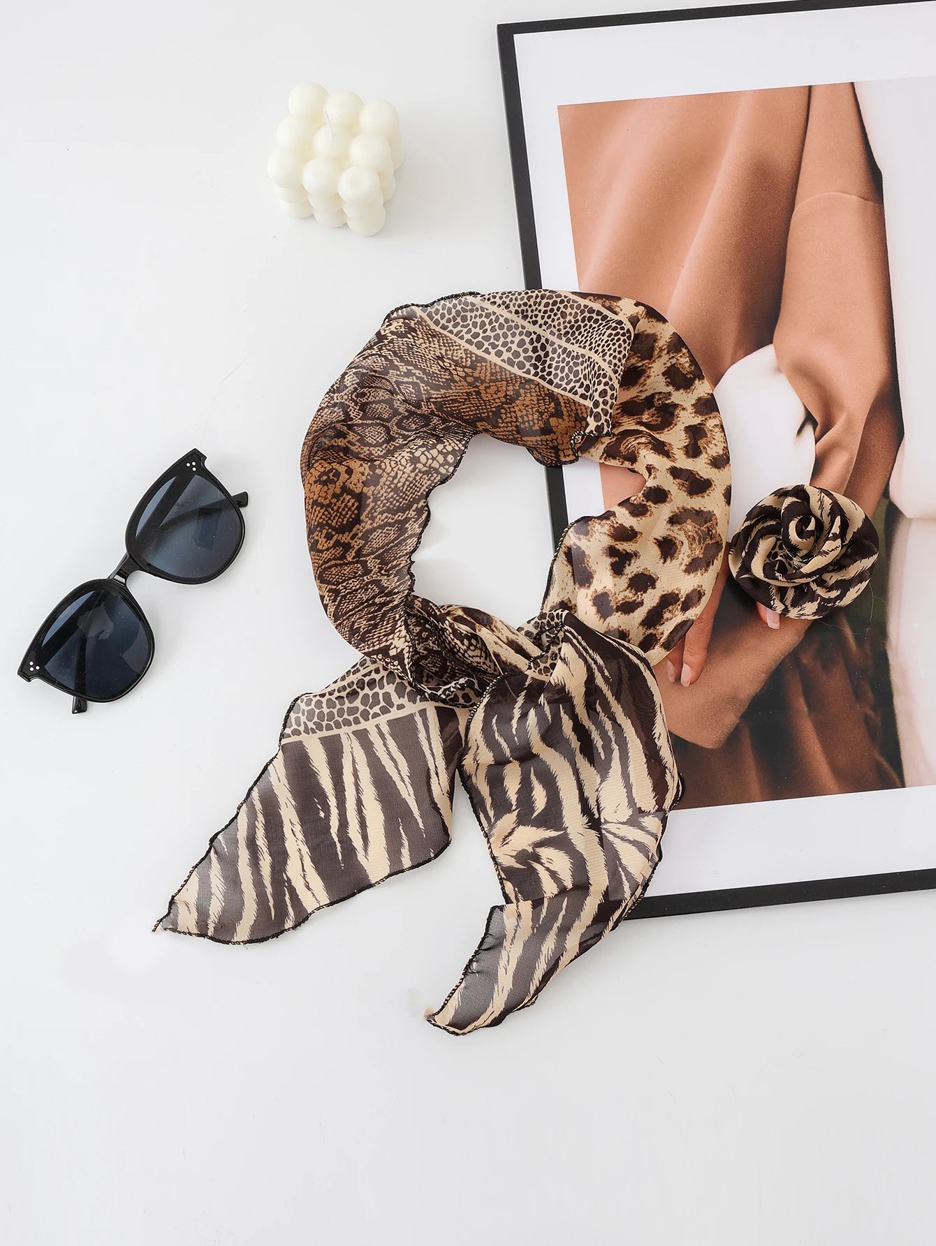 Three Dimensional Rose Chiffon Silk Scarf With Leopard Print Women's Scarf y2k Scarf Retro Angled Scarf Tied Headband
