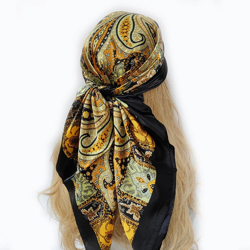 New 90*90cm Retro Brand Women Silk Scarf Bandanna Fashion Bohemian Pattern Square Hijab Lady Wrap Headband foulard muffler