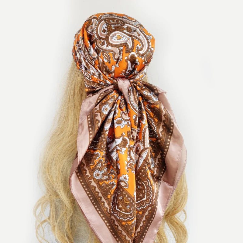 New 90*90cm Retro Brand Women Silk Scarf Bandanna Fashion Bohemian Pattern Square Hijab Lady Wrap Headband foulard muffler