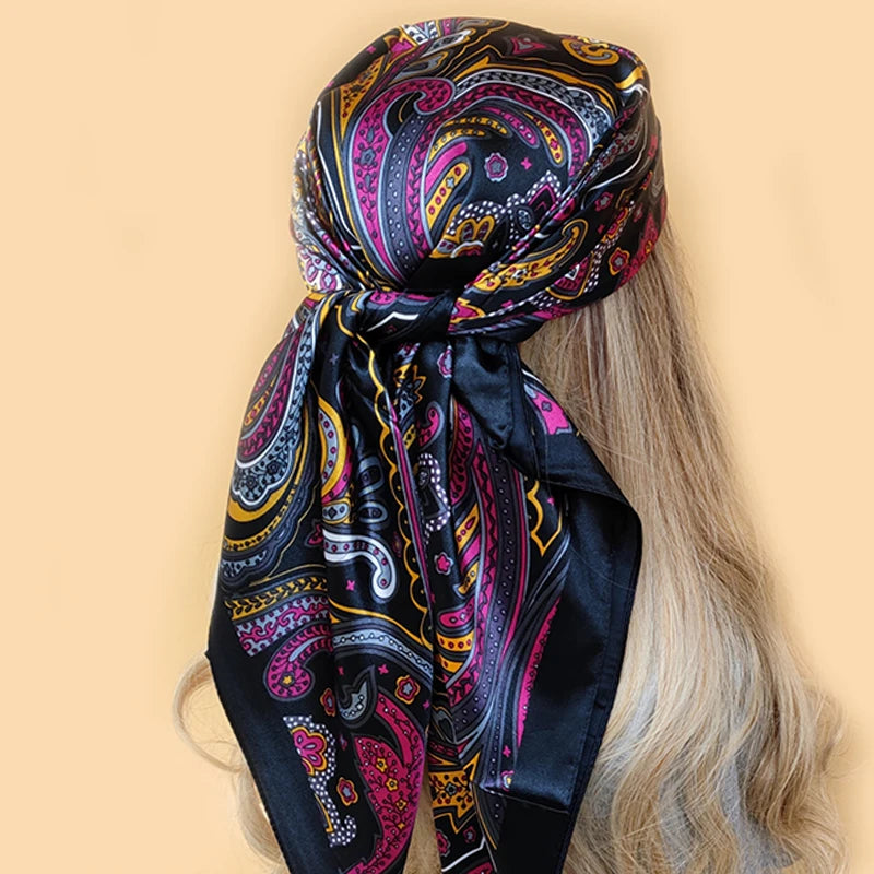 New 90*90cm Retro Brand Women Silk Scarf Bandanna Fashion Bohemian Pattern Square Hijab Lady Wrap Headband foulard muffler