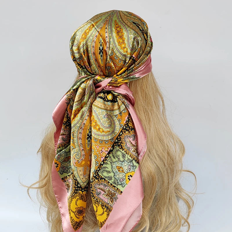 New 90*90cm Retro Brand Women Silk Scarf Bandanna Fashion Bohemian Pattern Square Hijab Lady Wrap Headband foulard muffler
