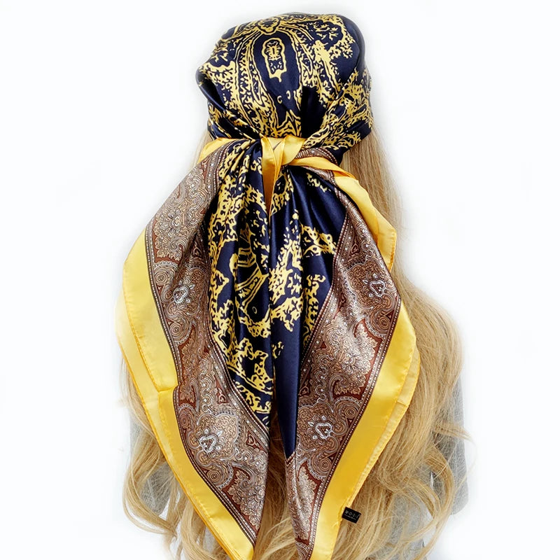 New 90*90cm Retro Brand Women Silk Scarf Bandanna Fashion Bohemian Pattern Square Hijab Lady Wrap Headband foulard muffler