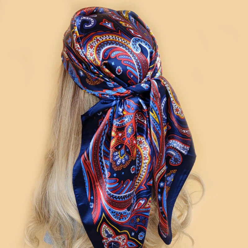 New 90*90cm Retro Brand Women Silk Scarf Bandanna Fashion Bohemian Pattern Square Hijab Lady Wrap Headband foulard muffler