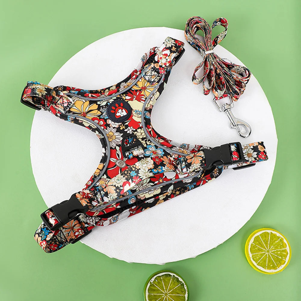 Fashion Printed Puppy Dog Harness and Leash Set Reflective Breathable Pet Outdoor Walking Supplies for Small Medium Dogs