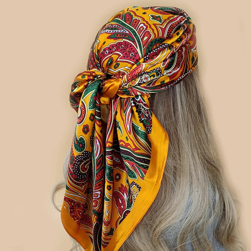 New 90*90cm Retro Brand Women Silk Scarf Bandanna Fashion Bohemian Pattern Square Hijab Lady Wrap Headband foulard muffler