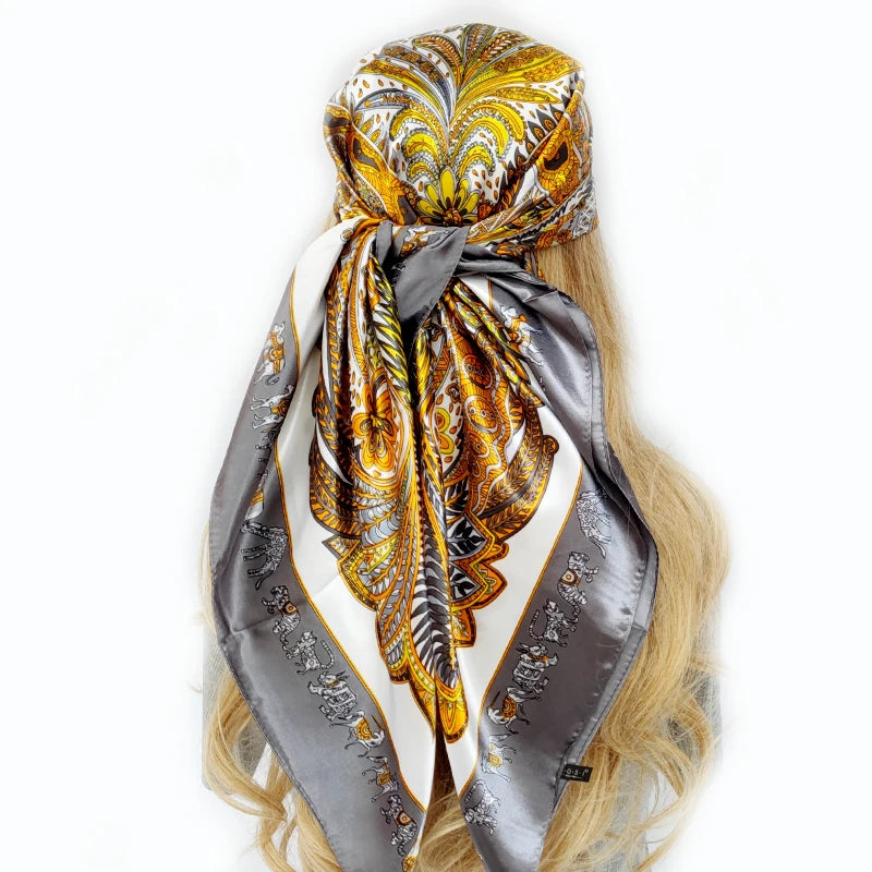 New 90*90cm Retro Brand Women Silk Scarf Bandanna Fashion Bohemian Pattern Square Hijab Lady Wrap Headband foulard muffler