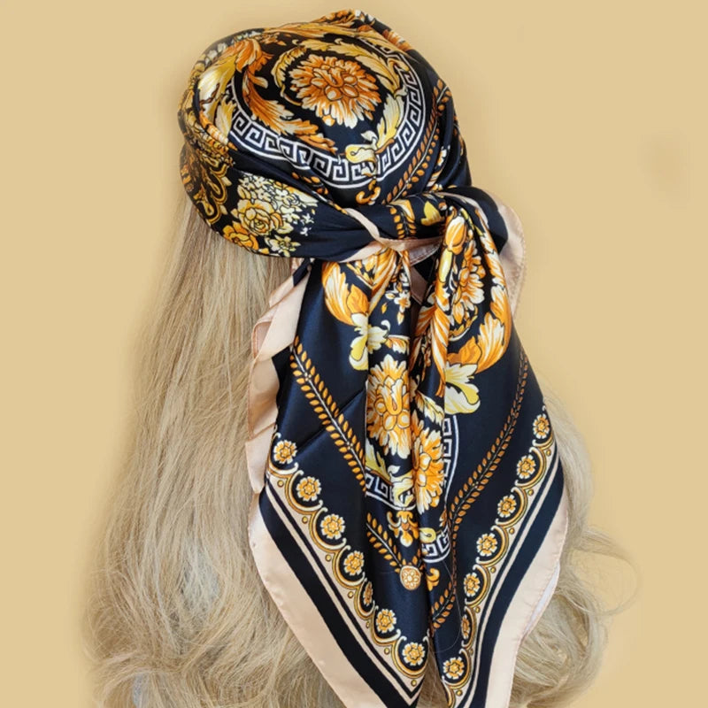 New 90*90cm Retro Brand Women Silk Scarf Bandanna Fashion Bohemian Pattern Square Hijab Lady Wrap Headband foulard muffler