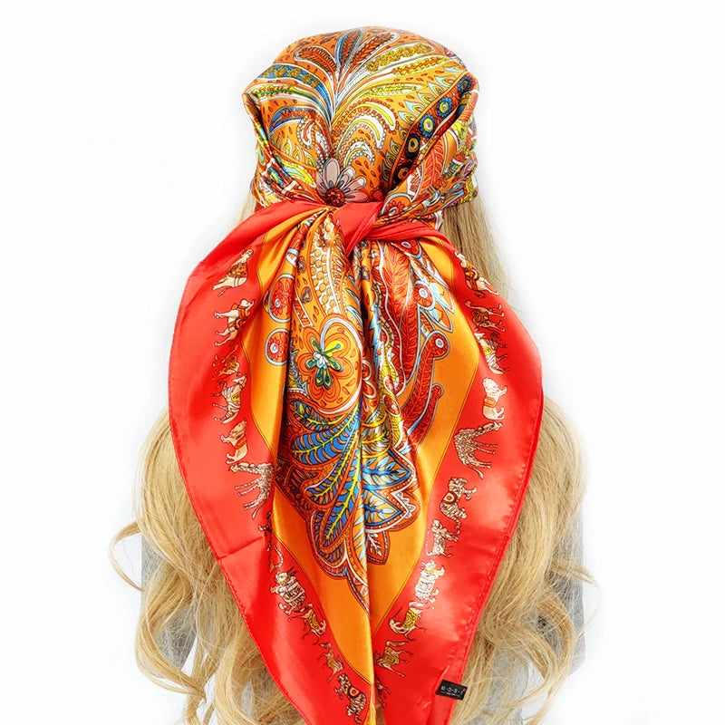 New 90*90cm Retro Brand Women Silk Scarf Bandanna Fashion Bohemian Pattern Square Hijab Lady Wrap Headband foulard muffler