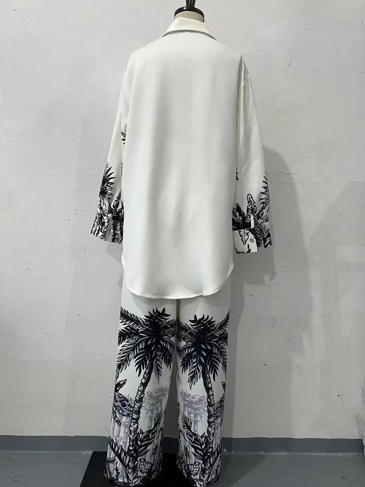 Muslim Two Piece Set Women Print Shirt Single Breasted Blouse Wide Leg Pants Suit Dubai Arabic Outfits Morocco Islam Ensemble